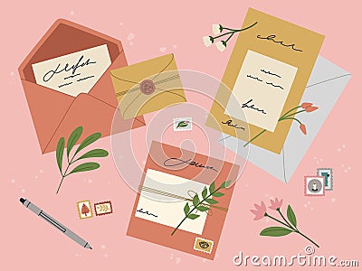 Set of different colorful envelopes with seals and stamps, romantic letters Vector Illustration